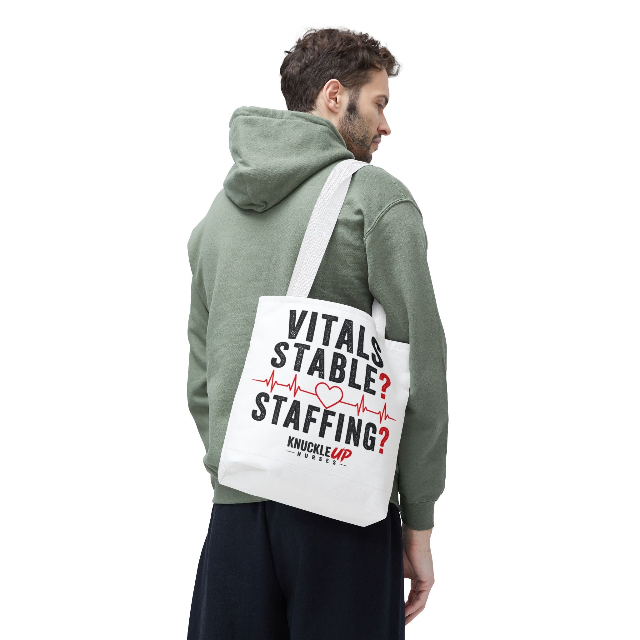 Vitals Stable? Staffing? Nurse Tote Bag — Funny Nurse Gift with Heartbeat Design