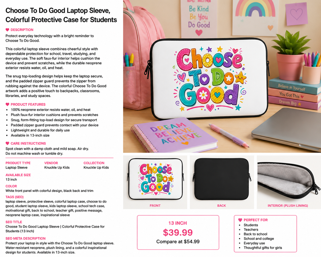 Choose To Do Good Girls Laptop Sleeve | Knuckle Up Kids