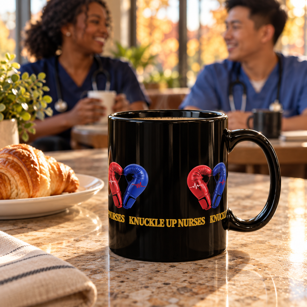 Knuckle Up Nurses Black Ceramic Coffee Mug — 11 oz