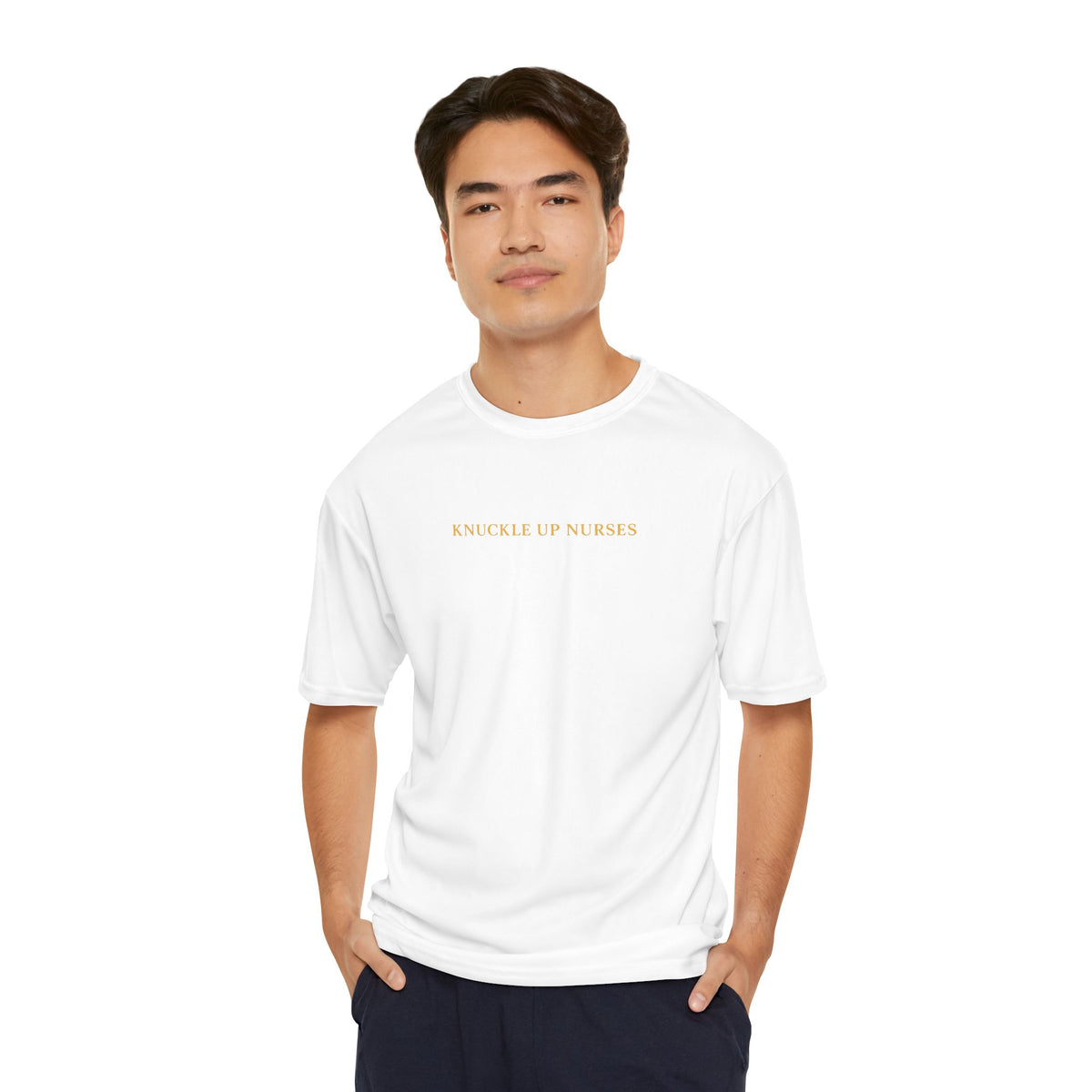 Knuckle Up Nurses Men’s Performance T-Shirt – White and Gold