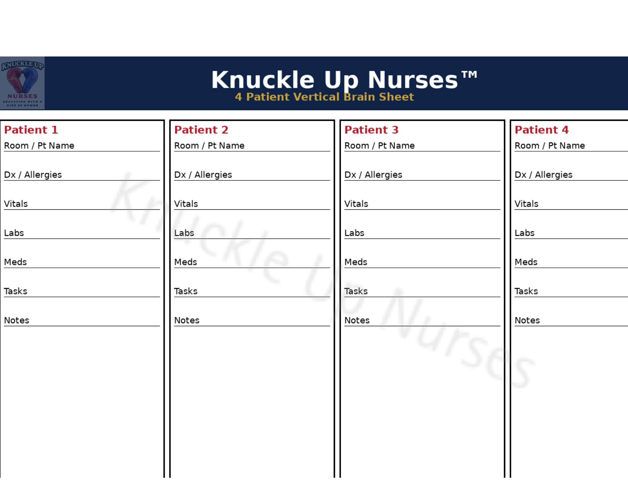 Ultimate Nurse Brain Sheet – 4 Patient | Stay Organized During Every Shift – DIGITAL DOWNLOAD (Printable Wall Art)