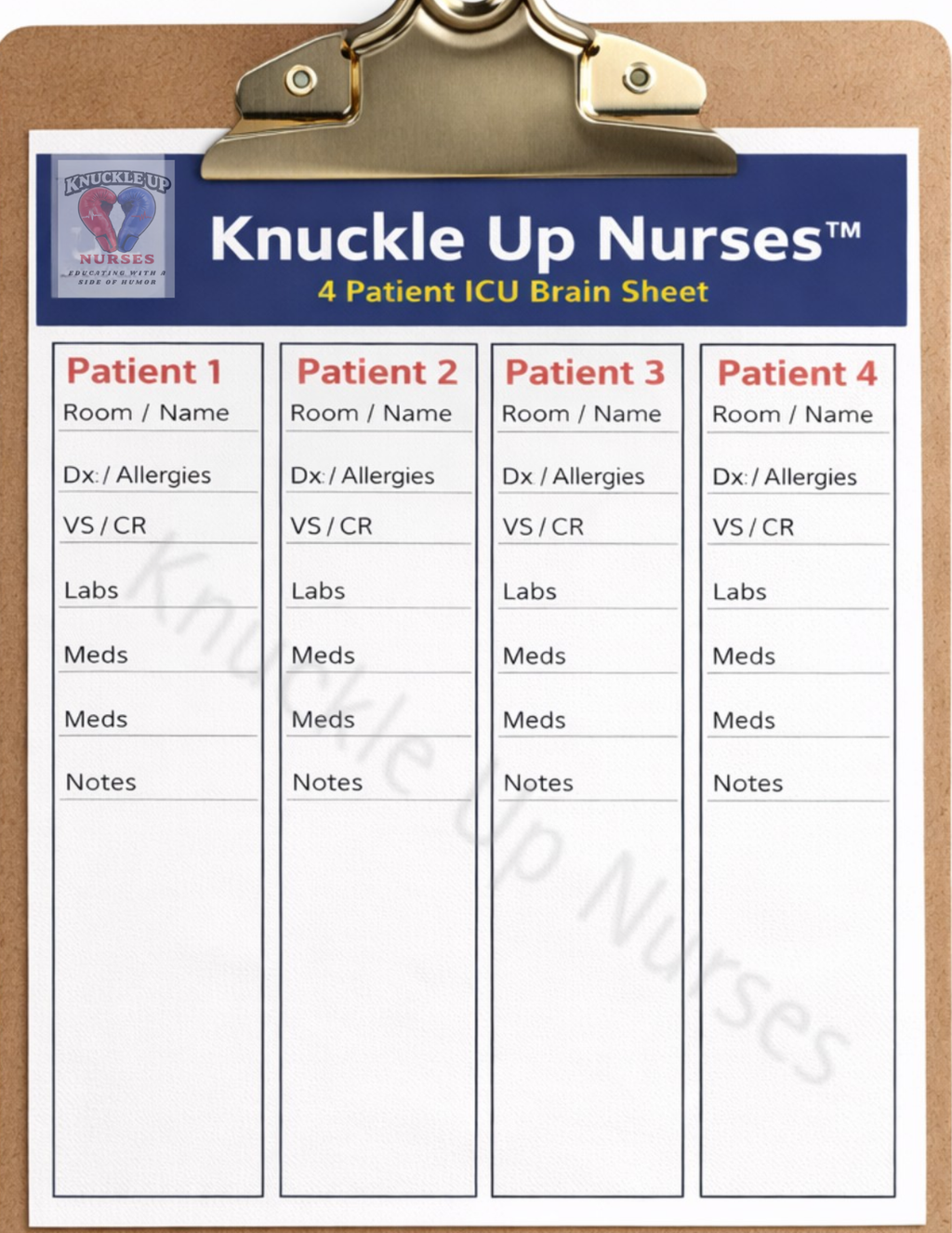 Ultimate Nurse Brain Sheet – 4 Patient | Stay Organized During Every Shift – DIGITAL DOWNLOAD (Printable Wall Art)