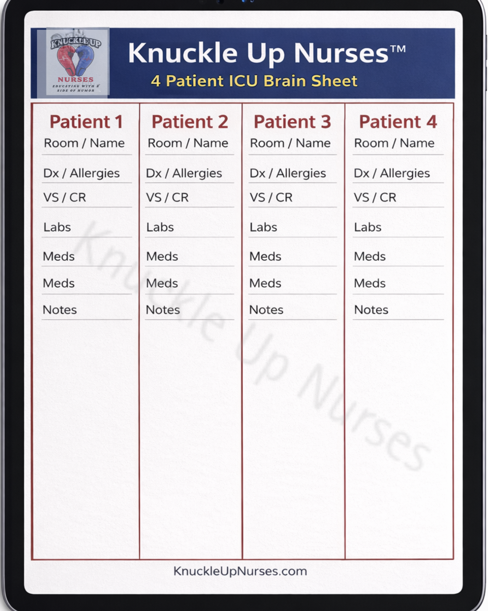 Ultimate Nurse Brain Sheet – 4 Patient | Stay Organized During Every Shift – DIGITAL DOWNLOAD (Printable Wall Art)