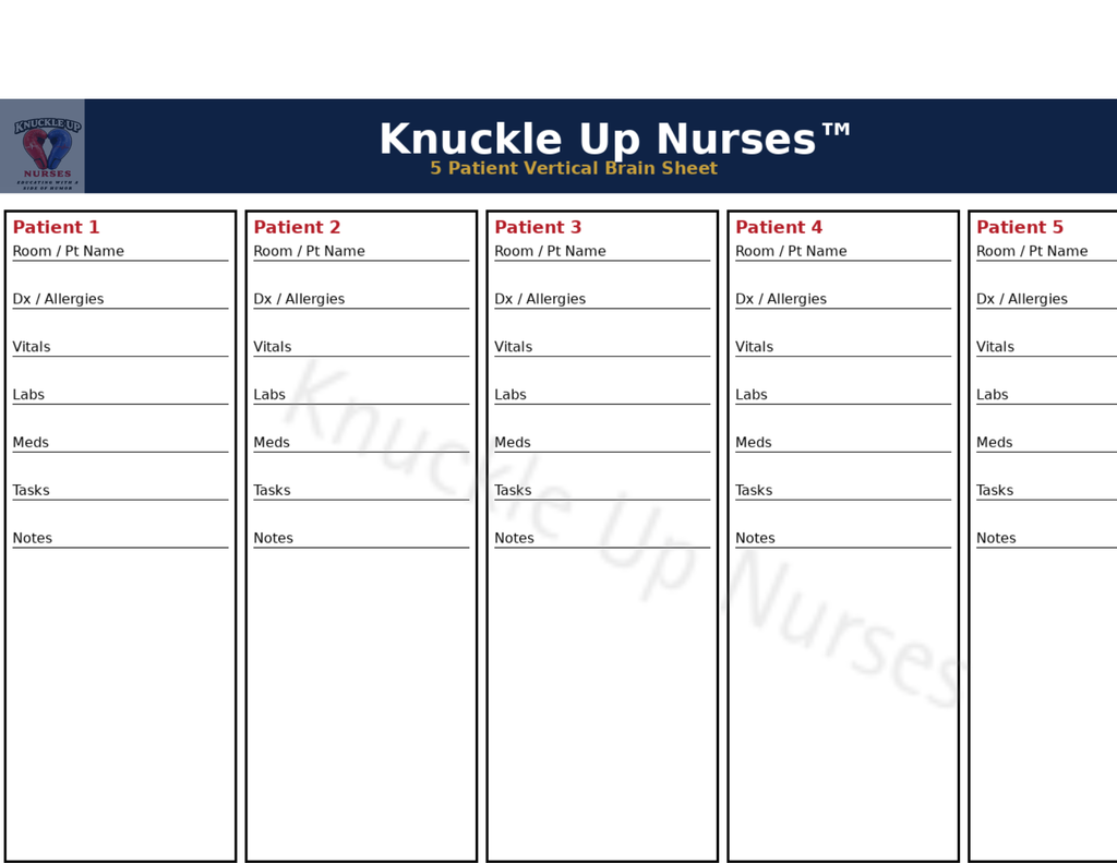 Ultimate Nurse Brain Sheet – 5 Patient | Stay Organized During Every Shift – DIGITAL DOWNLOAD (Printable Wall Art)