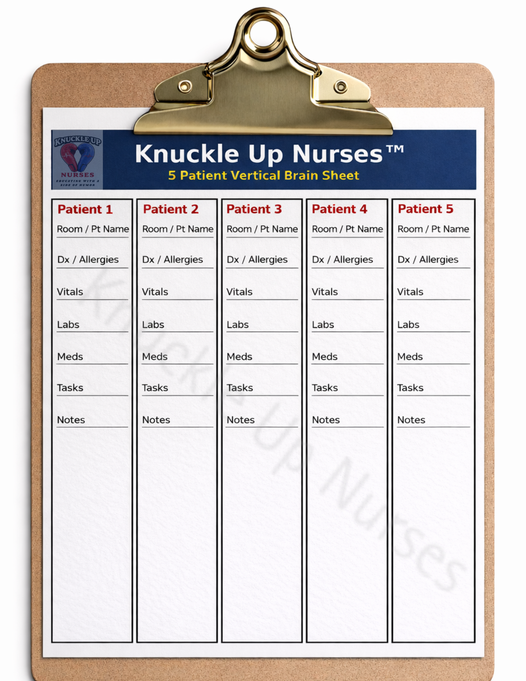 Ultimate Nurse Brain Sheet – 5 Patient | Stay Organized During Every Shift – DIGITAL DOWNLOAD (Printable Wall Art)