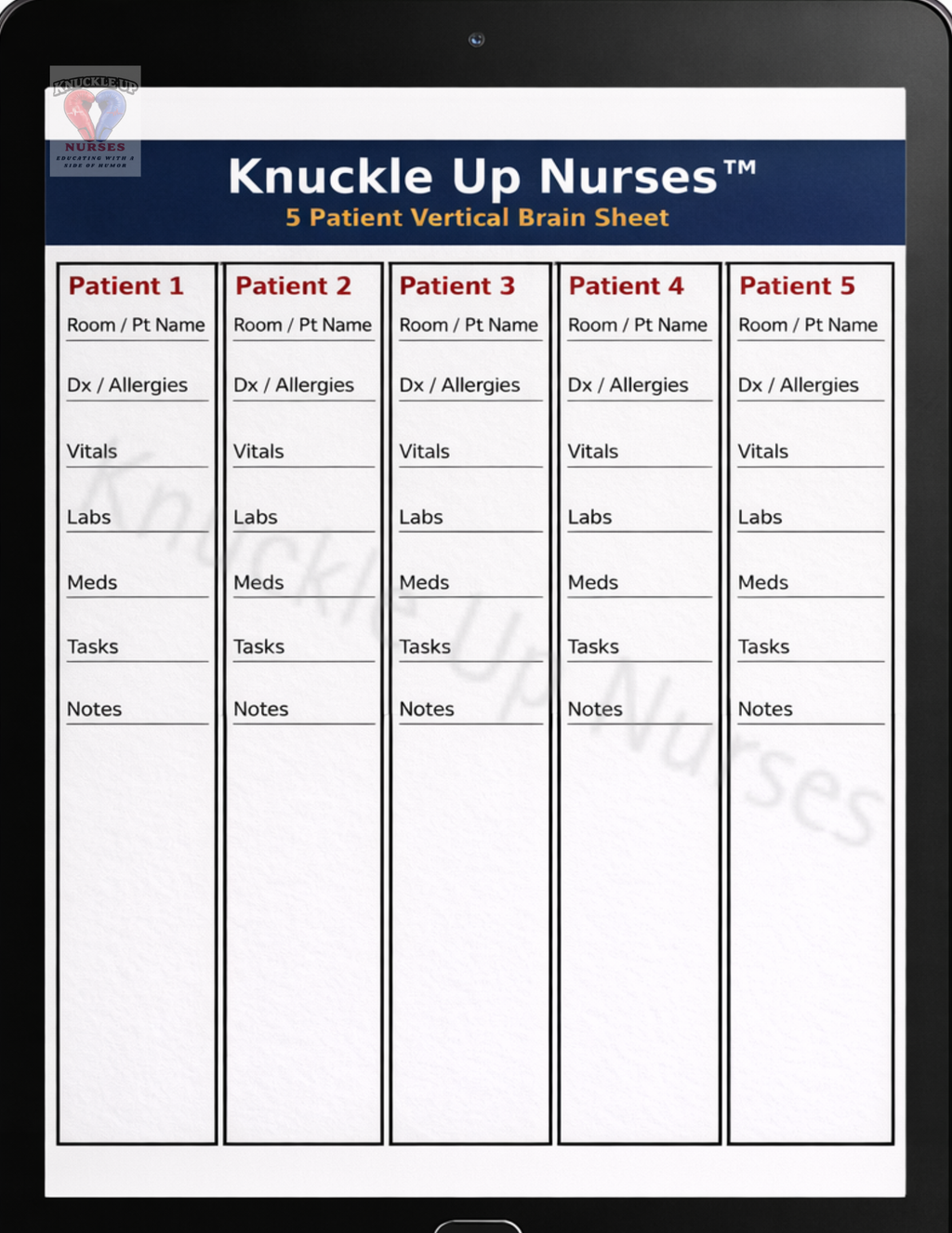 Ultimate Nurse Brain Sheet – 5 Patient | Stay Organized During Every Shift – DIGITAL DOWNLOAD (Printable Wall Art)