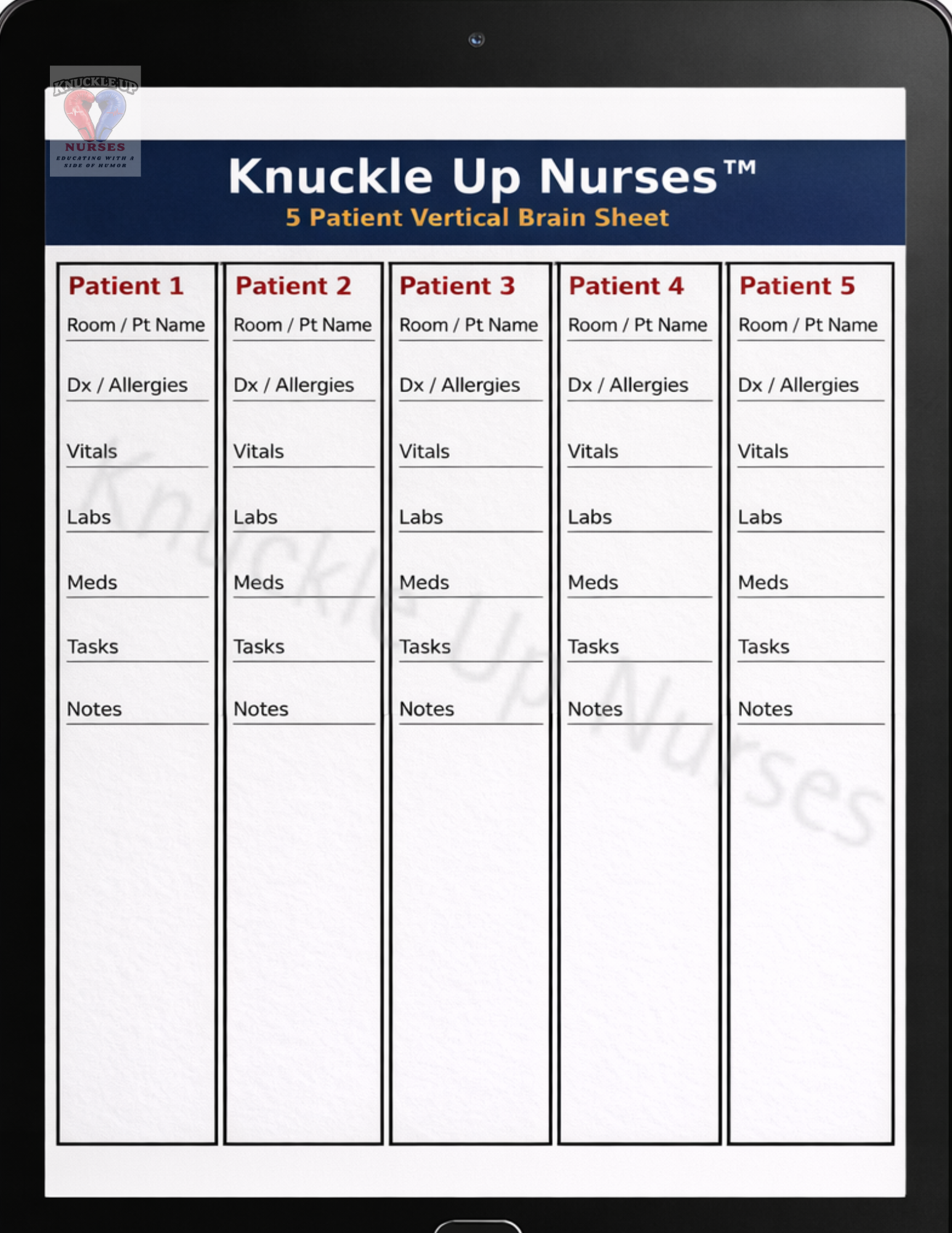 Ultimate Nurse Brain Sheet – 5 Patient | Stay Organized During Every Shift – DIGITAL DOWNLOAD (Printable Wall Art)