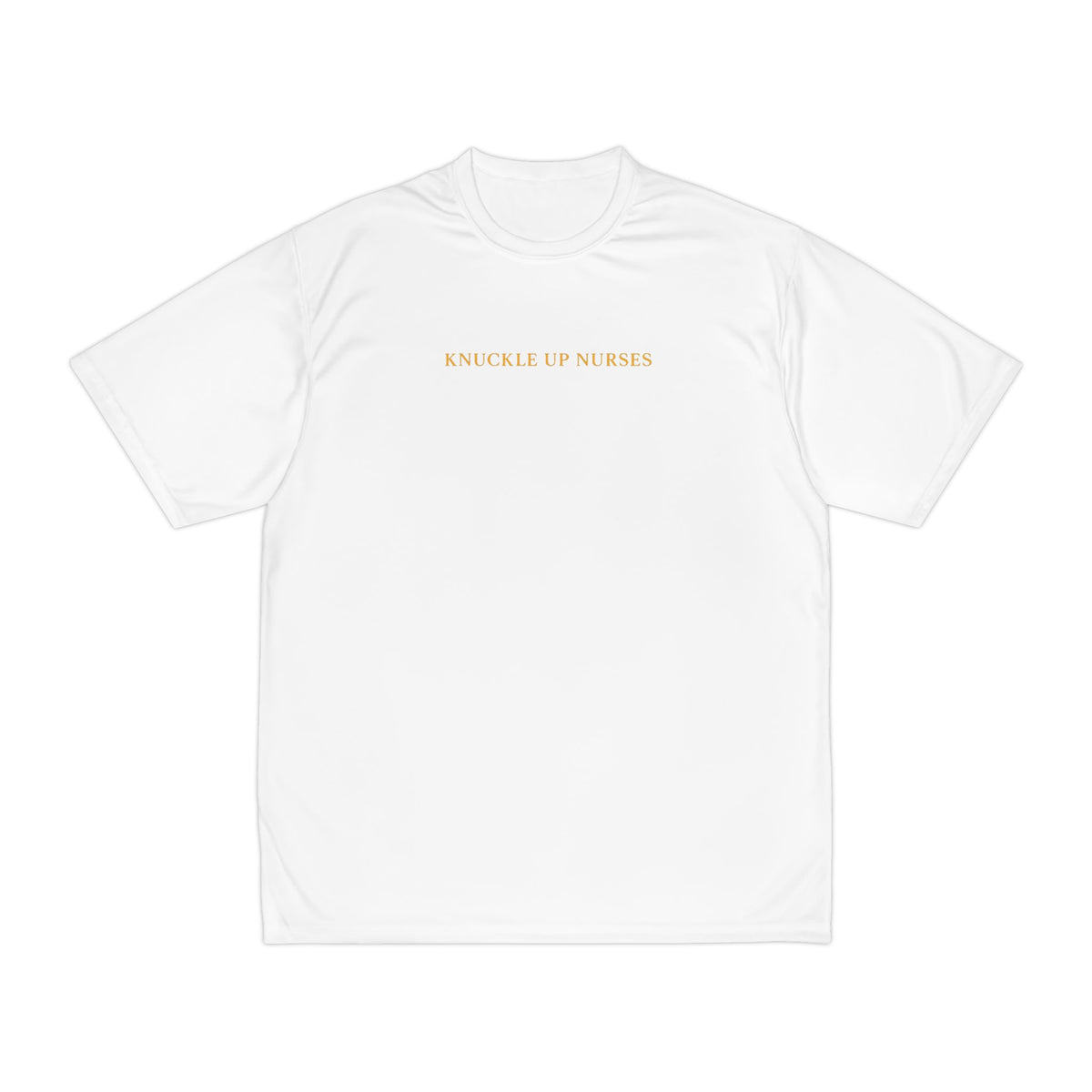 Knuckle Up Nurses Men’s Performance T-Shirt – White and Gold