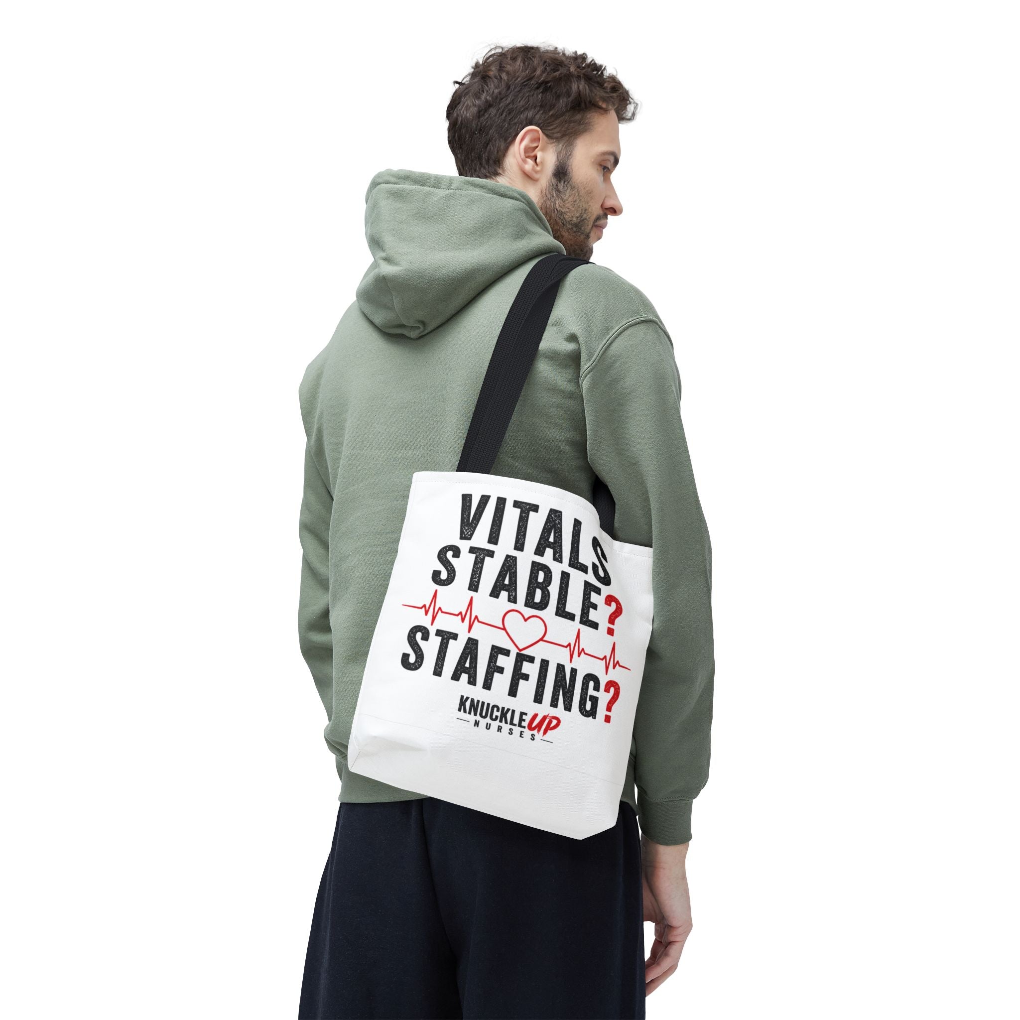 Vitals Stable? Staffing? Nurse Tote Bag — Funny Nurse Gift with Heartbeat Design