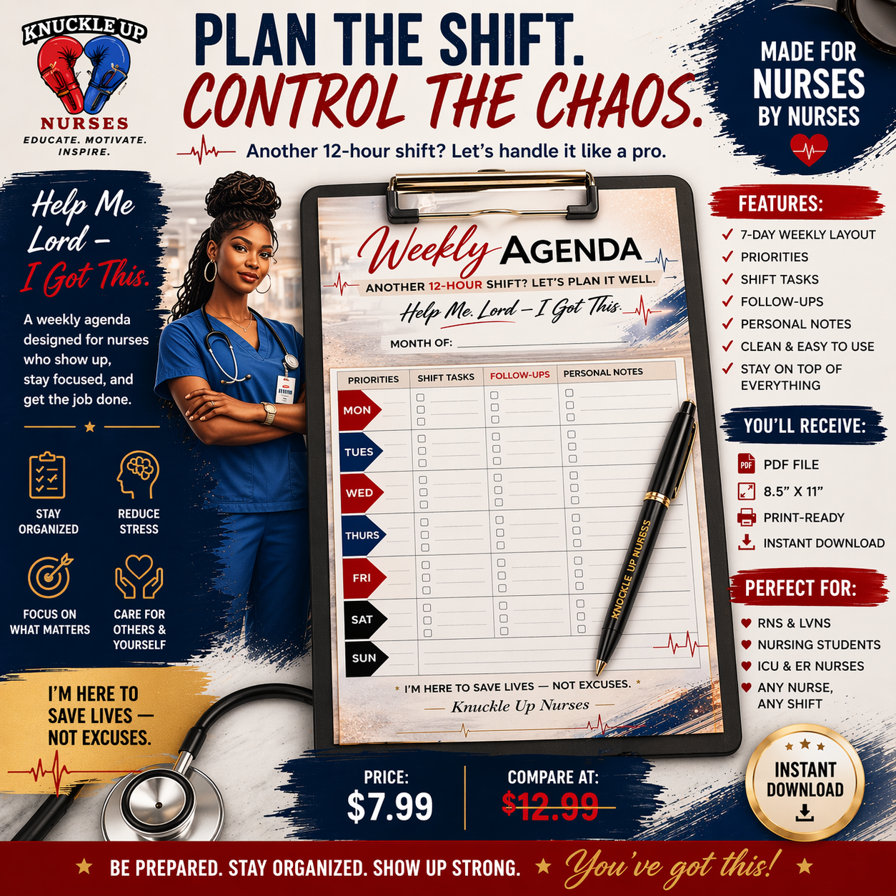 Weekly Agenda – Nurse Shift Planner – DIGITAL DOWNLOAD (Printable Wall Art)