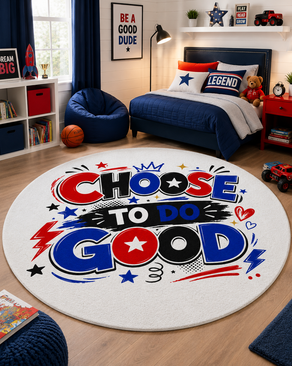 Choose To Do Good Round Rug – Inspirational Boys Playroom Rug, Kids Bedroom Floor Mat, Classroom Decor, Positive Nursery Accent