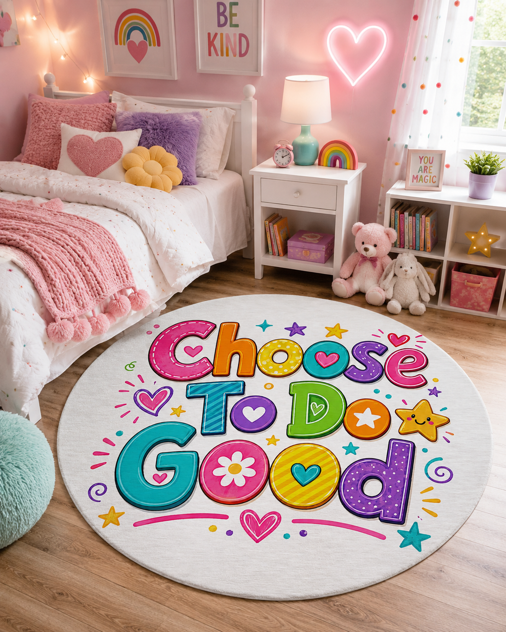 Choose To Do Good Round Rug – Inspirational Girls Playroom Rug, Kids Bedroom Floor Mat, Classroom Decor, Positive Nursery Accent