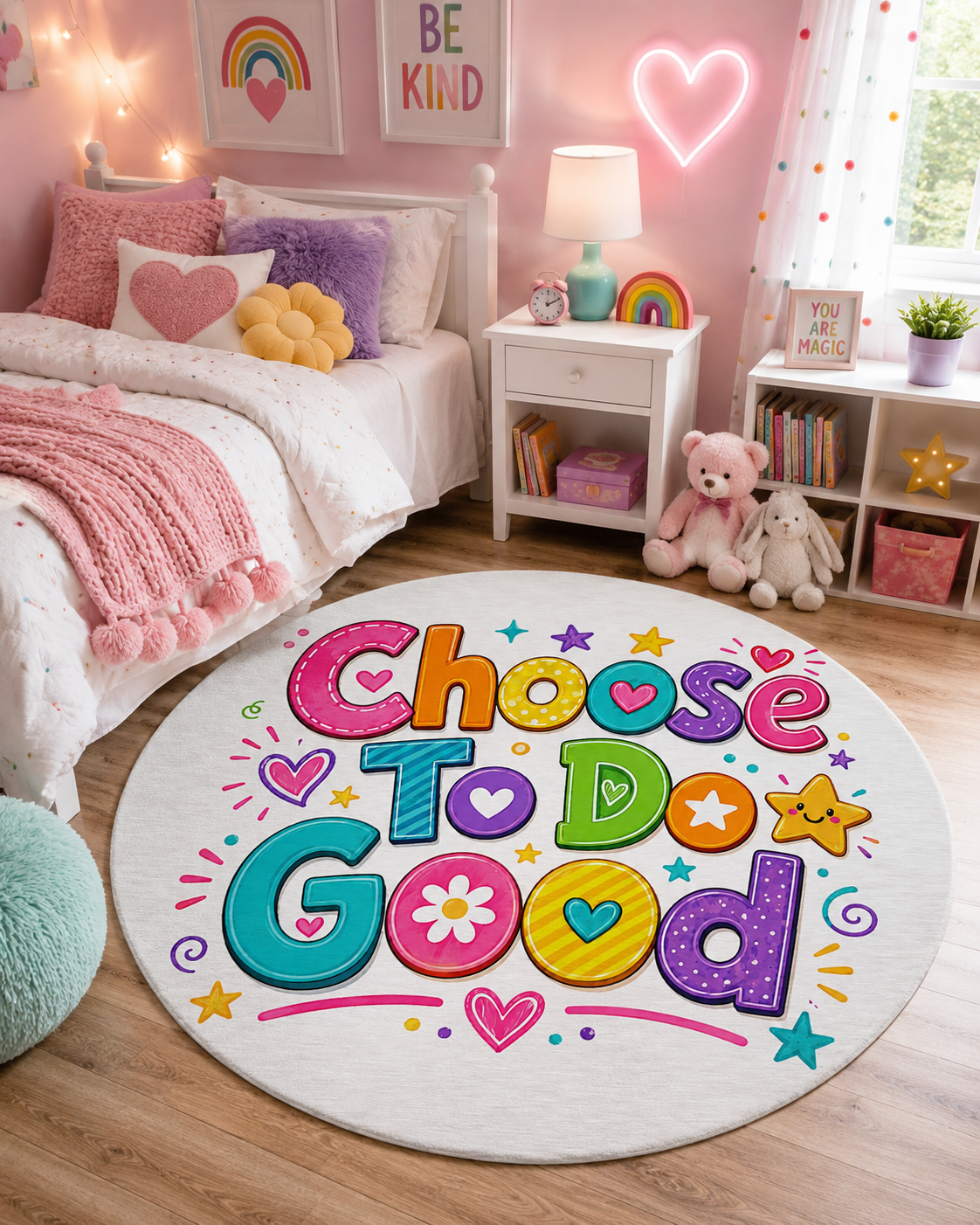 Choose To Do Good Round Rug – Inspirational Girls Playroom Rug, Kids Bedroom Floor Mat, Classroom Decor, Positive Nursery Accent