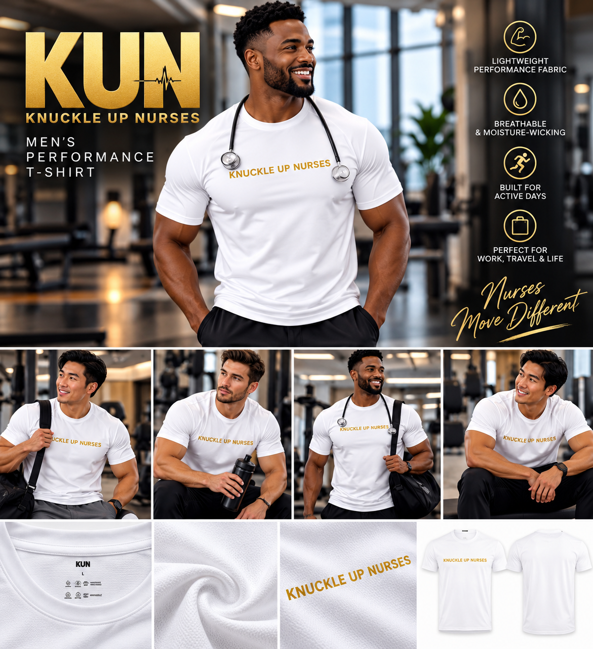 Knuckle Up Nurses Men’s Performance T-Shirt – White and Gold