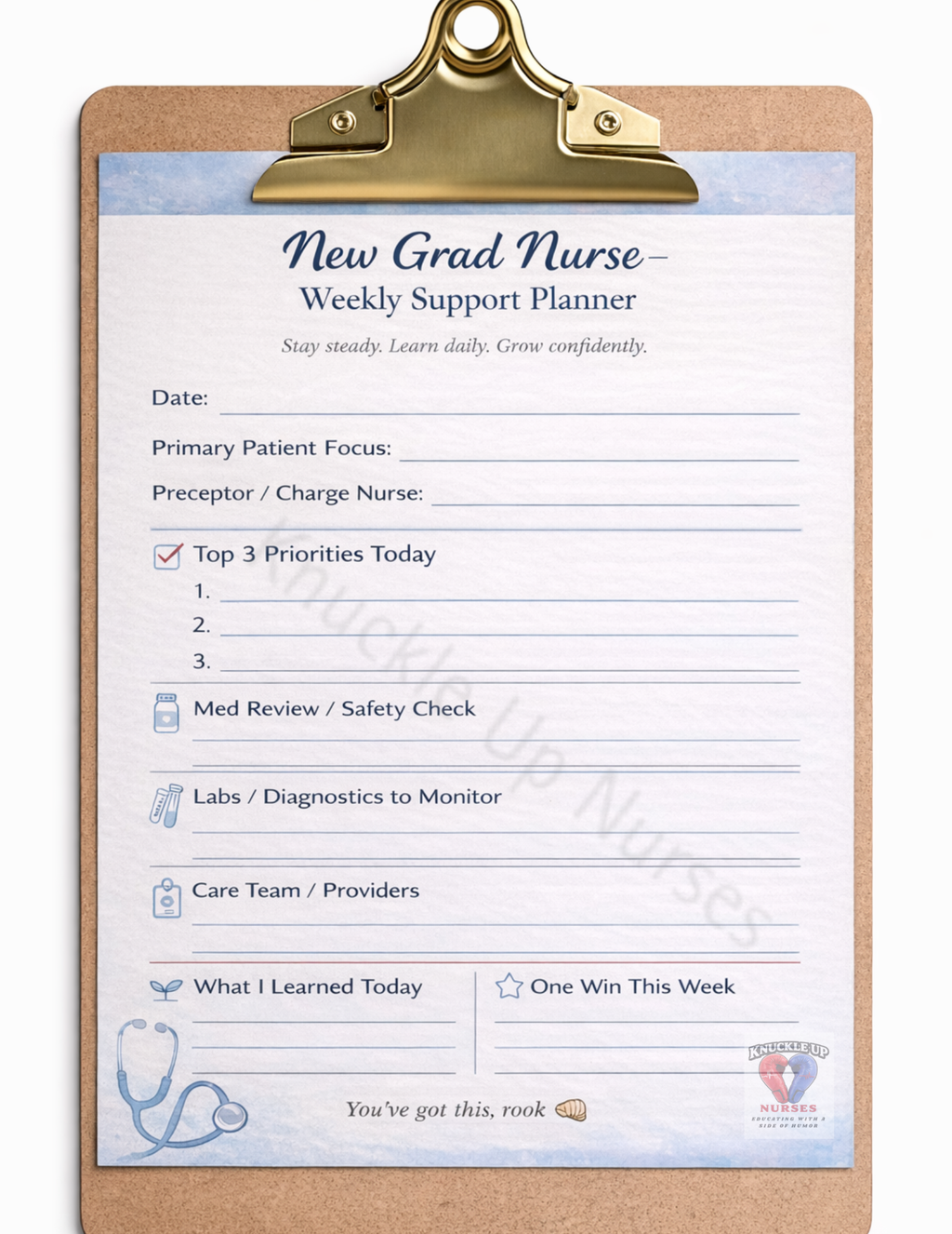 New Grad Nurse Weekly Support Planner (Digital Fillable) – DIGITAL DOWNLOAD (Printable Wall Art)