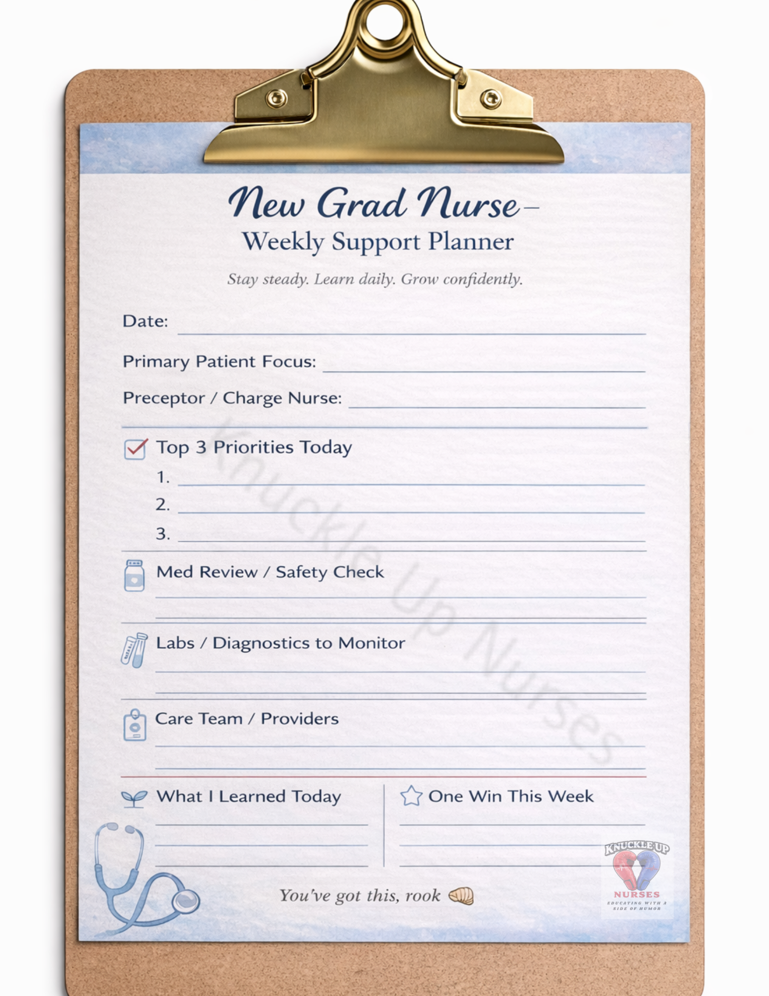 New Grad Nurse Weekly Support Planner (Digital Fillable) – DIGITAL DOWNLOAD (Printable Wall Art)