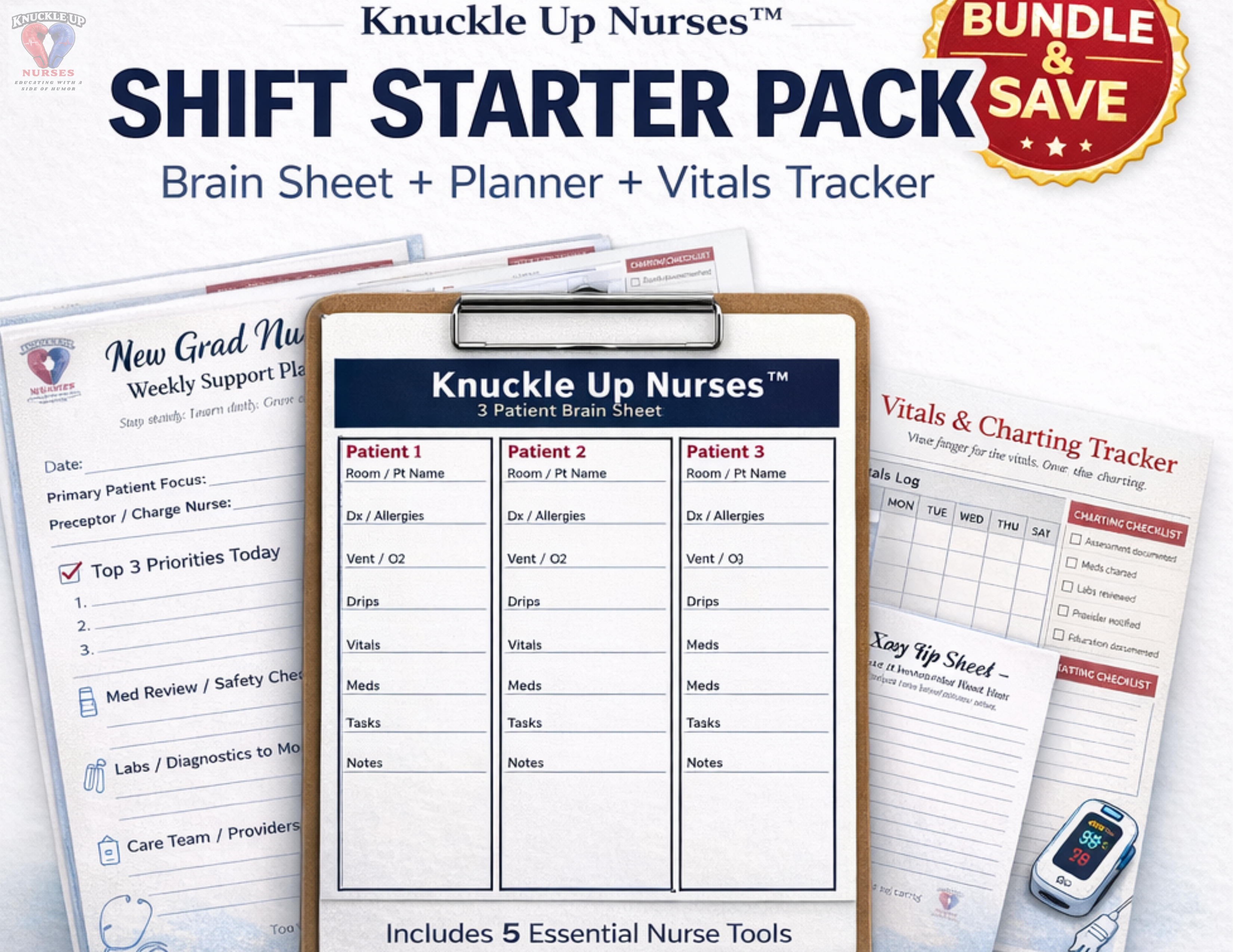 Shift Starter Pack | Nurse Brain Sheet + Weekly Planner + Vitals Tracker