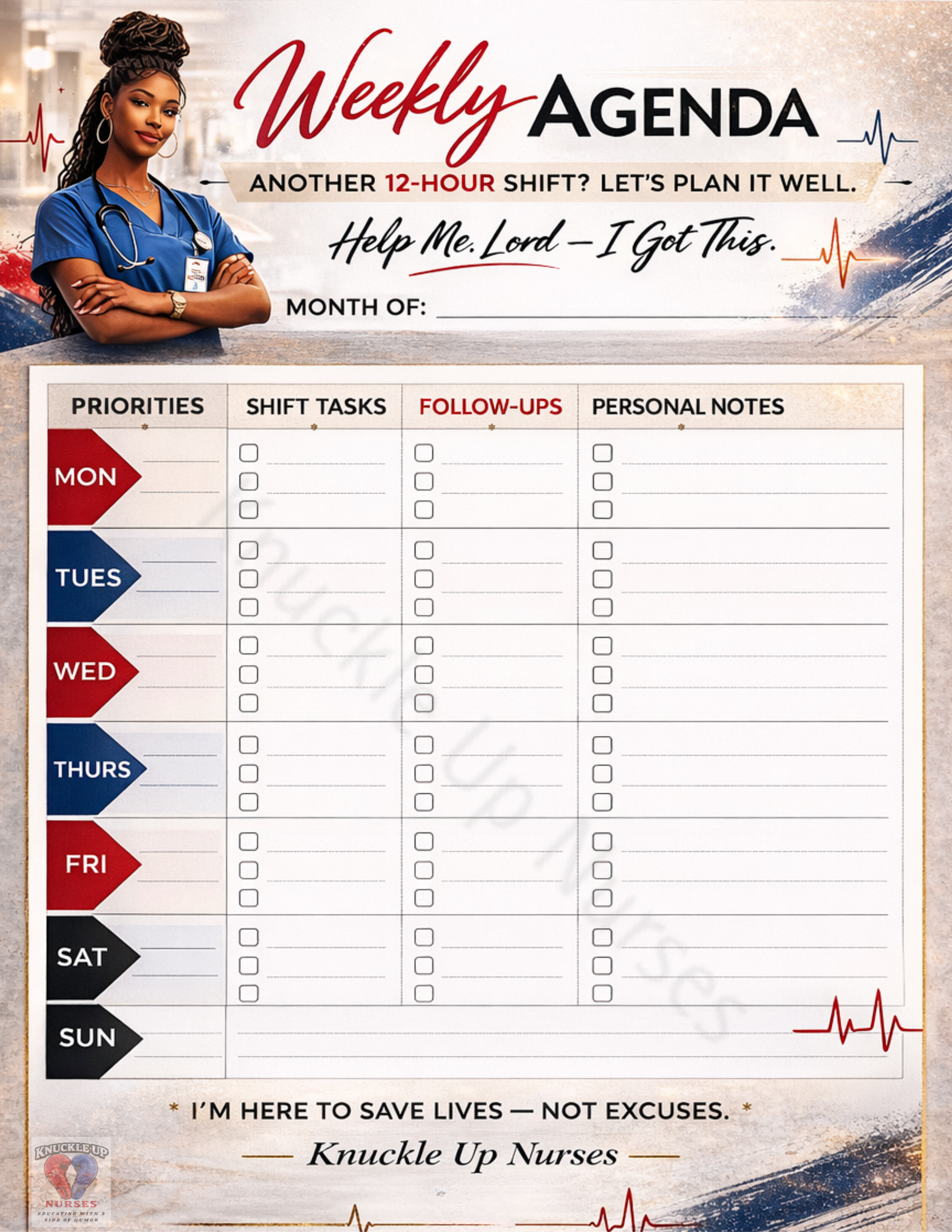 Weekly Agenda – Nurse Shift Planner – DIGITAL DOWNLOAD (Printable Wall Art)