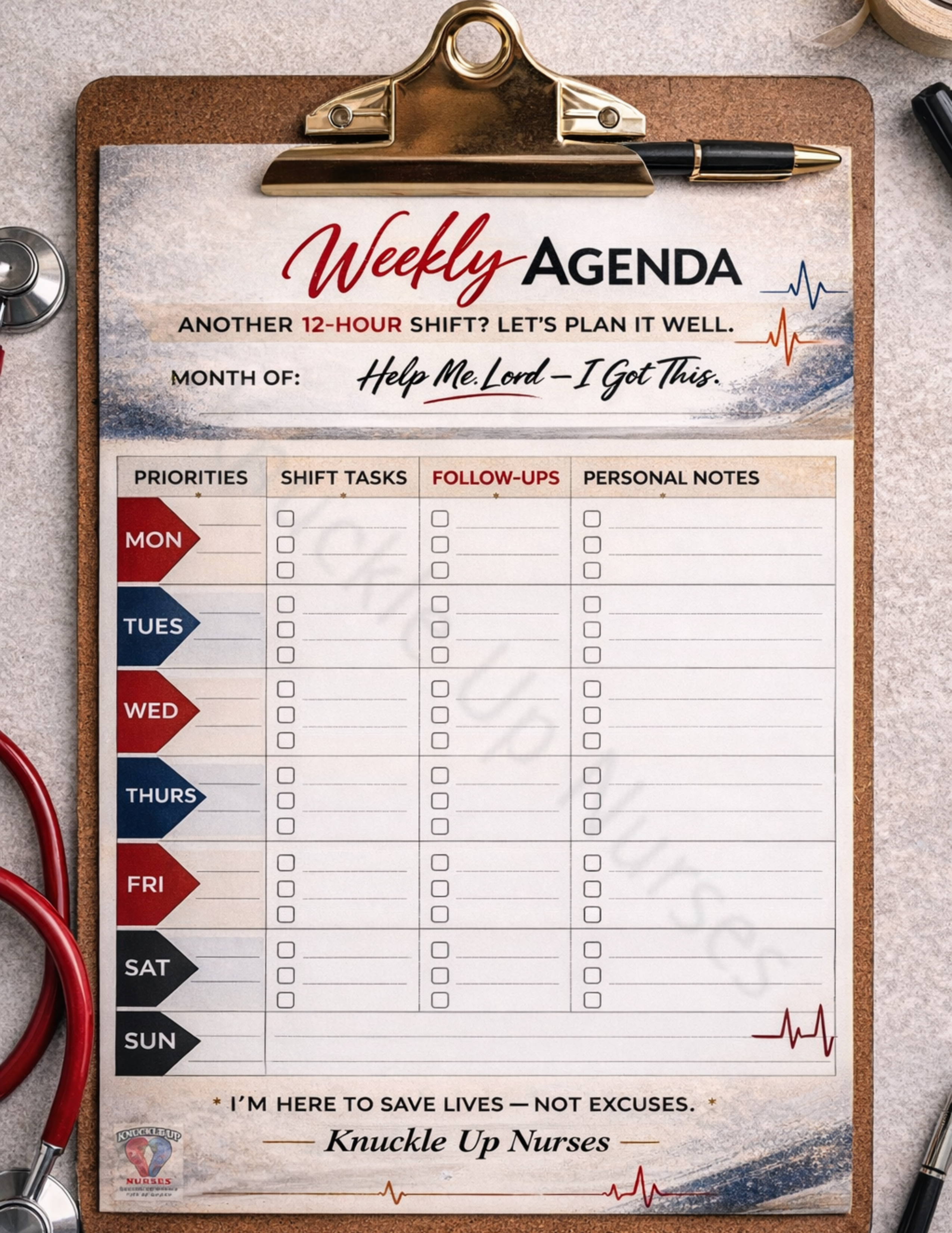 Weekly Agenda – Nurse Shift Planner – DIGITAL DOWNLOAD (Printable Wall Art)