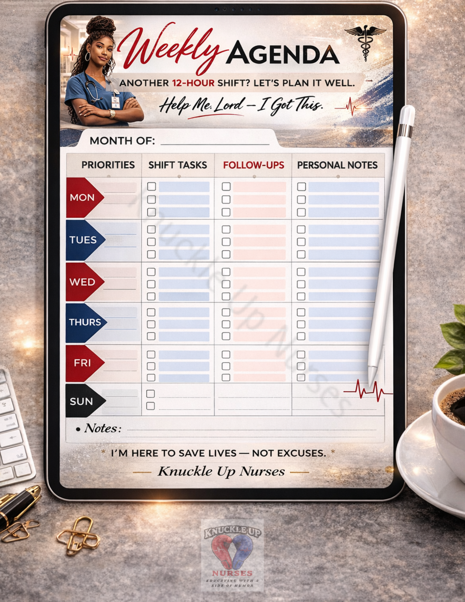 Weekly Agenda – Nurse Shift Planner – DIGITAL DOWNLOAD (Printable Wall Art)
